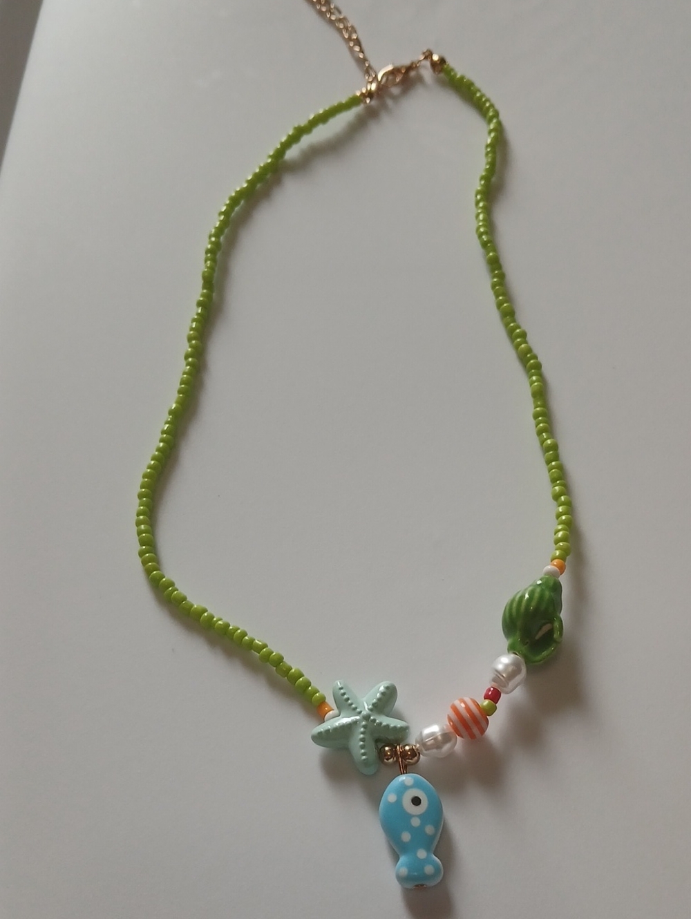 Beaded Green Sea Charm Necklace with Blue Fish Pendant - Picture 2 of 3